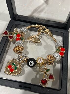 Gold Cherry Charm Bracelet with Ring